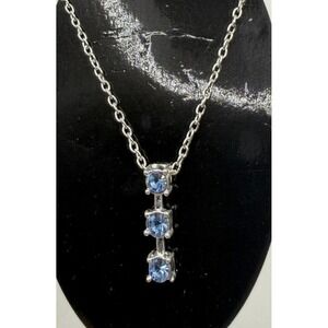 December Birthstone Necklace Blue Rhinestone Silver Tone 18" Pendant NOS